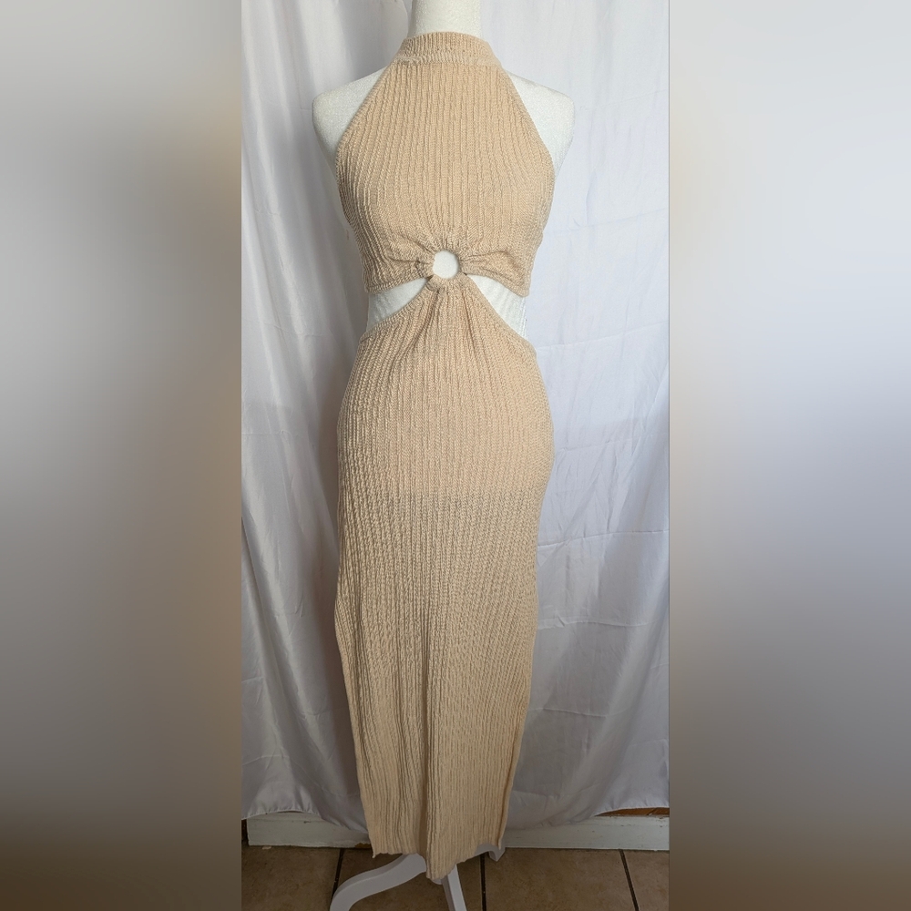 L'Academie Cream Halter Cutout Ribbed Midi Dress Size Small - Picture 2 of 6